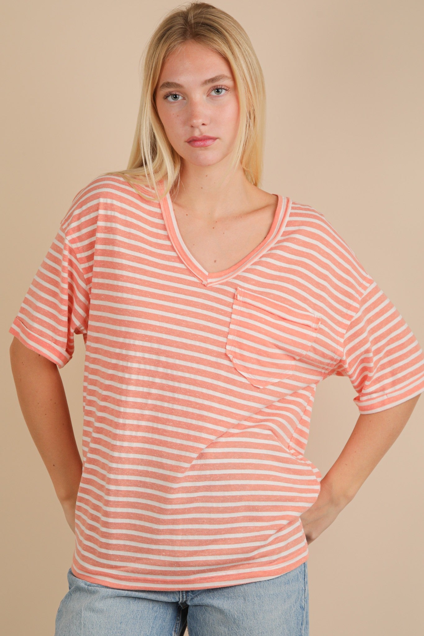 Very J Oversized Stripe Casual V-neck Knit Top