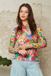 Davi & Dani Flower Printed Mesh Round Neck Long Sleeve Top - Curvy Size
