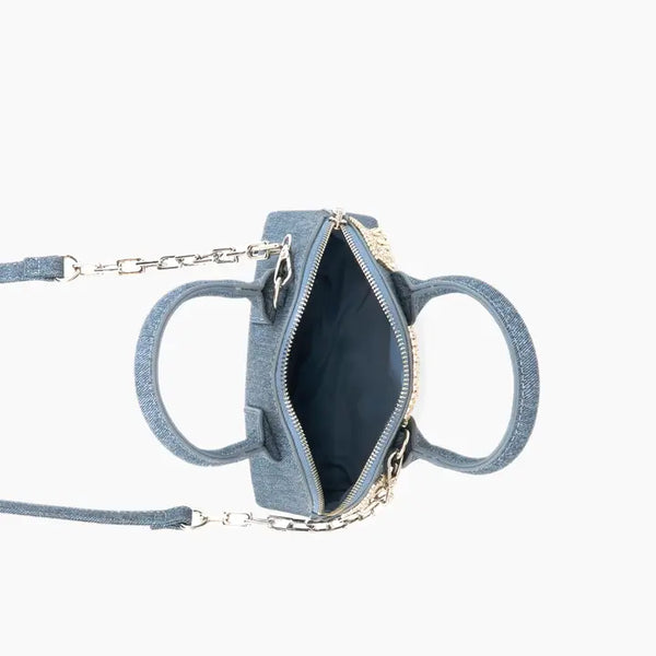 Half Moon Denim Rhinestone Crossbody Purse