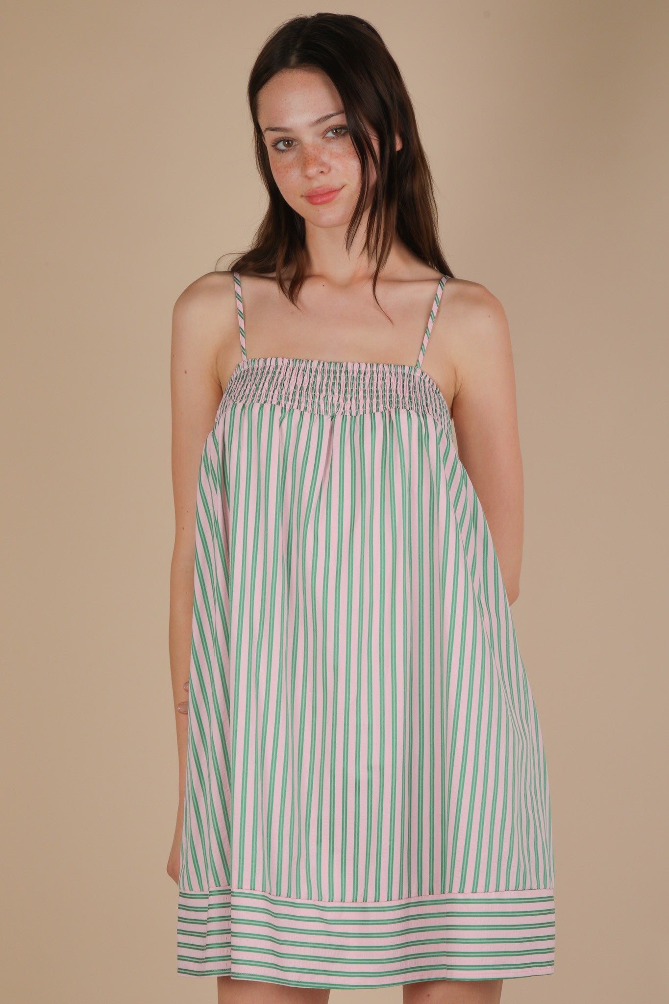 Very J Smocking Detail Stripe Woven Mini Sundress