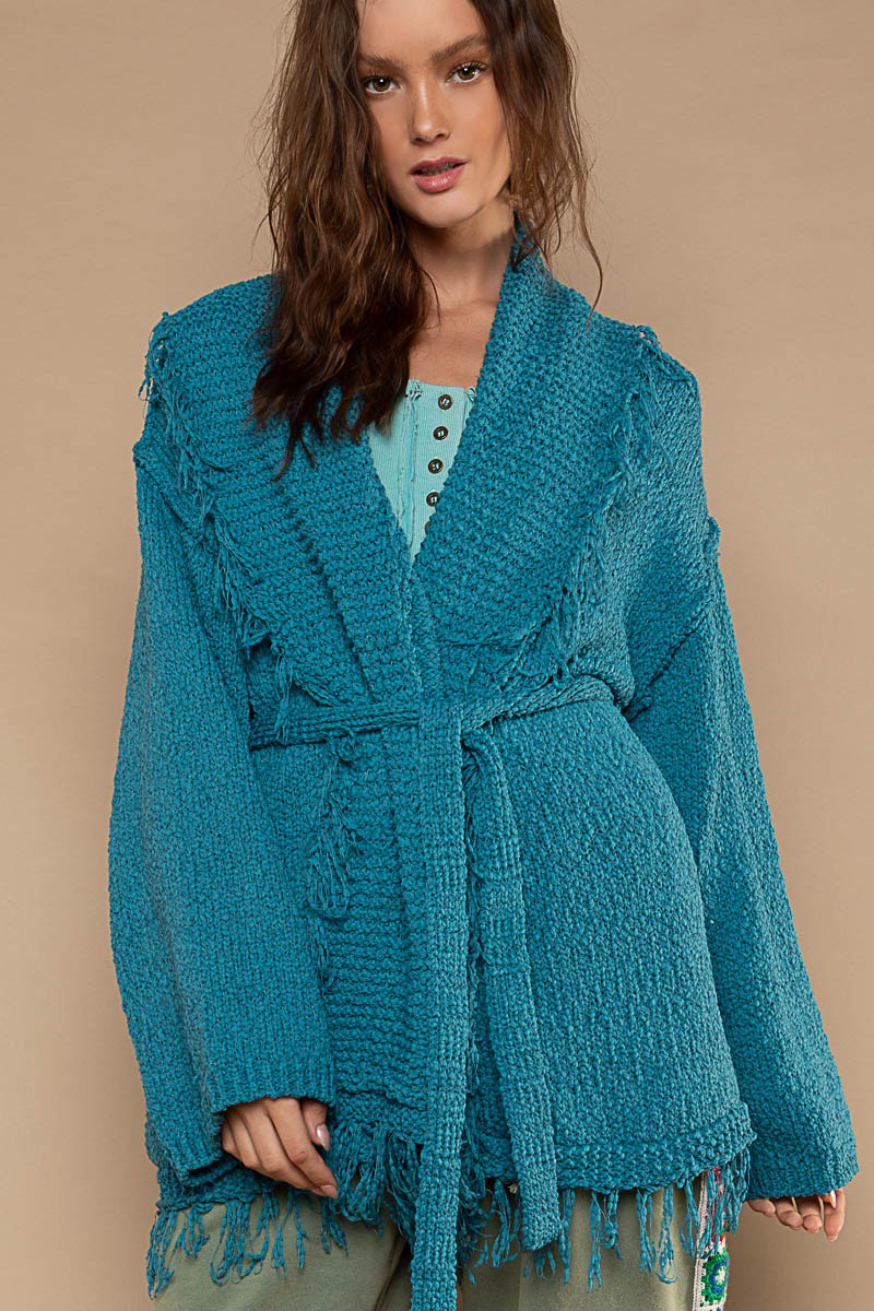 POL Open Front Shawl Collar Waist Tie Cardigan Sweater