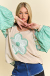 Davi & Dani Floral Patchwork Balloon Sleeve Knit Pullover Top - Curvy Size