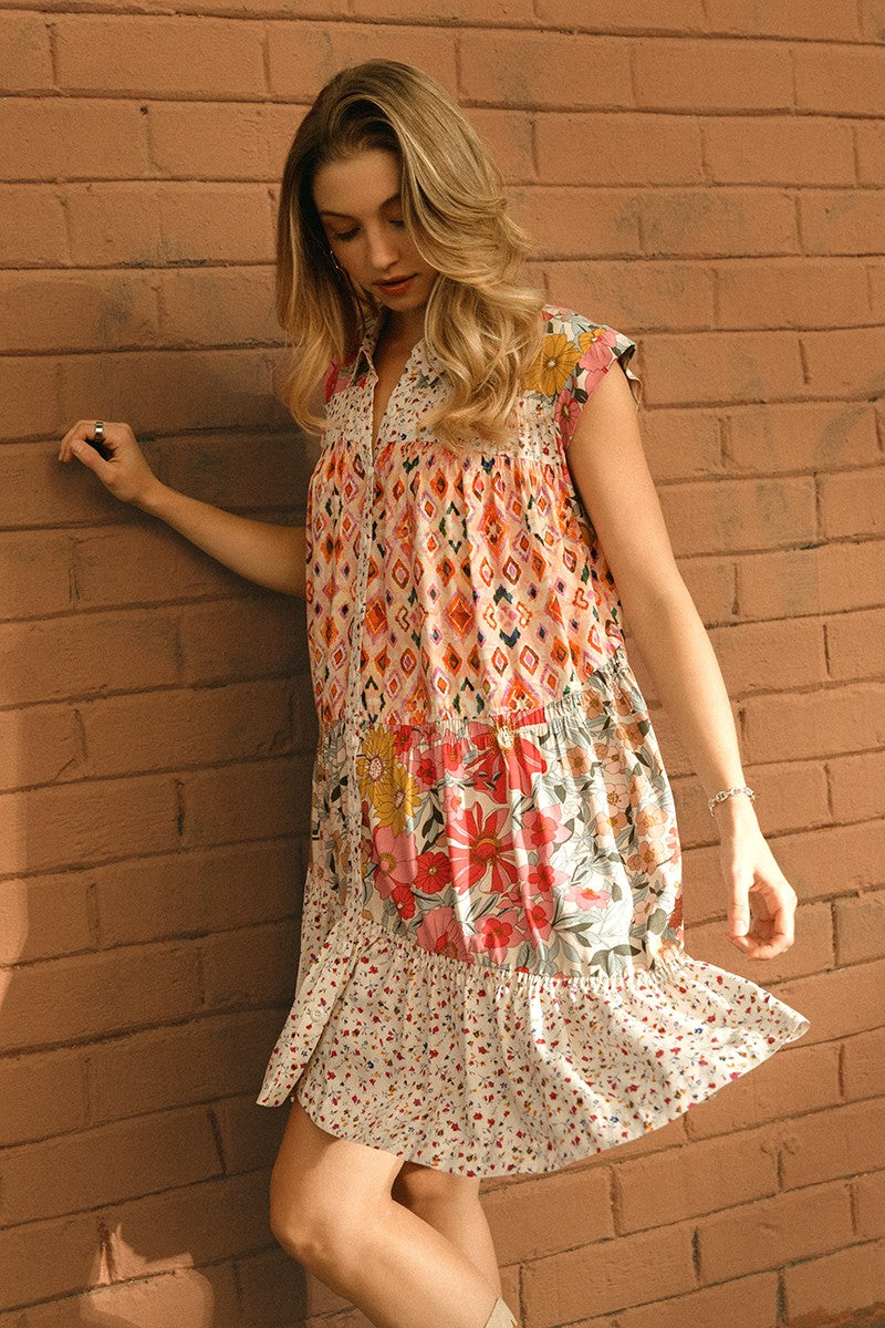 BIBI Print Mix And Match Tiered Dress With Button Down