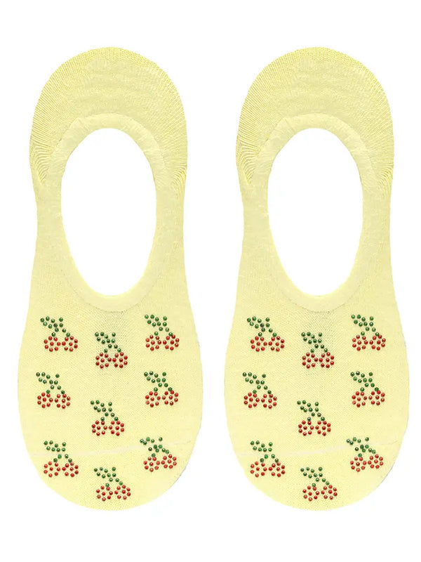 No-Show Liner Socks w/ Crystal Jewels - Cherries - Yellow