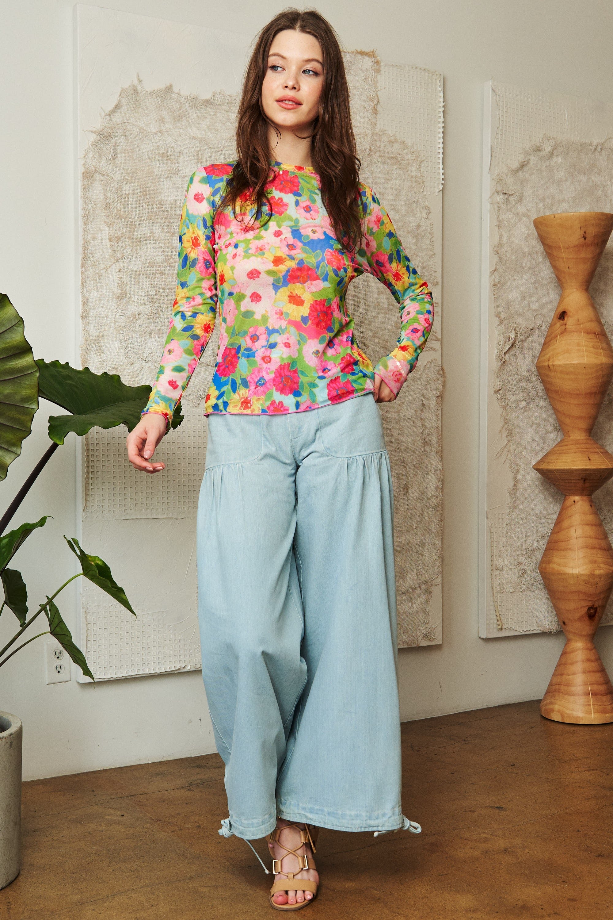 Davi & Dani Flower Printed Mesh Round Neck Long Sleeve Top - Curvy Size