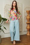 Davi & Dani Flower Printed Mesh Round Neck Long Sleeve Top - Curvy Size