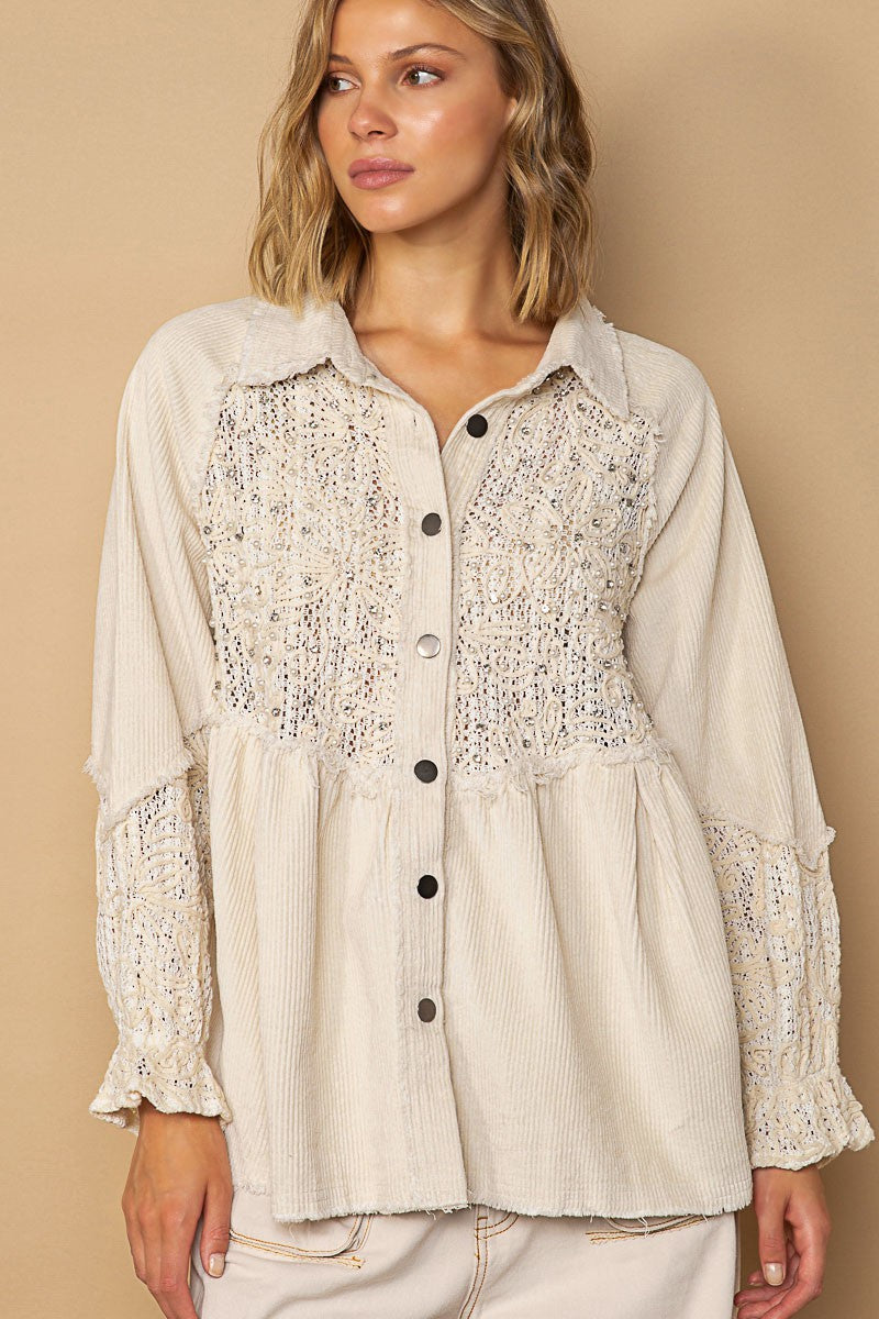 POL Embroidered floral pattern button down shirt