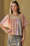 Davi & Dani Mixed Square Multi-stitch neck Puff Sleeve Top