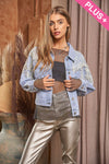 Mesh Stitching Nail Drill Button Denim Jacket - Curvy Size