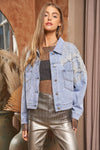 Mesh Stitching Nail Drill Button Denim Jacket - Curvy Size