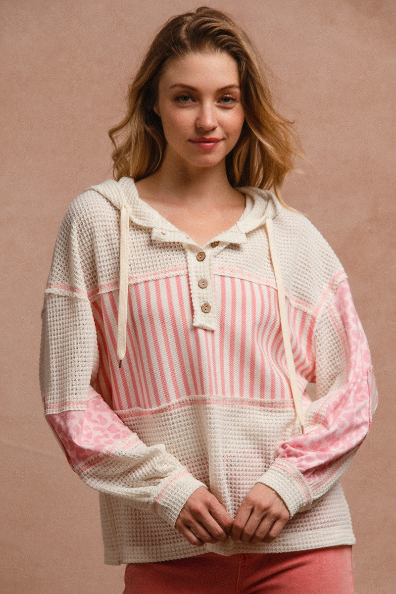 Bibi Waffle Knit and Print Mixed Hoodie Top
