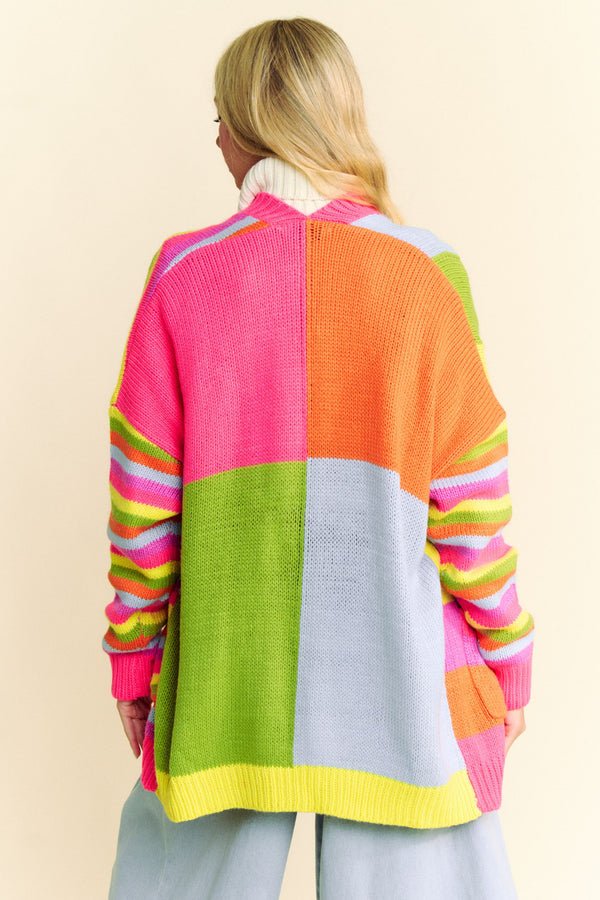 SALE Davi & Dani Multi Striped Pockets Loose Fit Open Cardigan