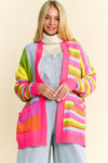 SALE Davi & Dani Multi Striped Pockets Loose Fit Open Cardigan