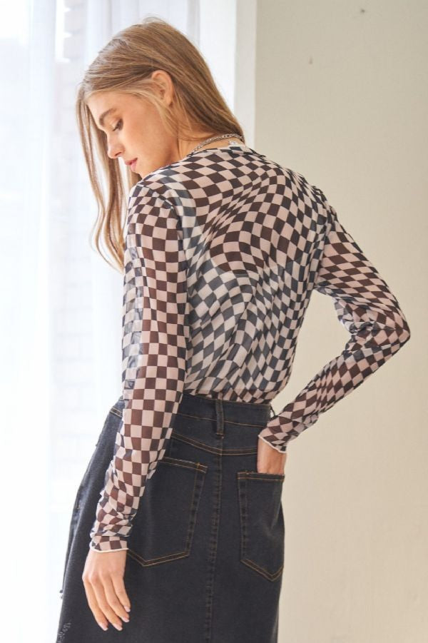 Checker Board Printed Mesh Long Sleeve Top - 4 Colors