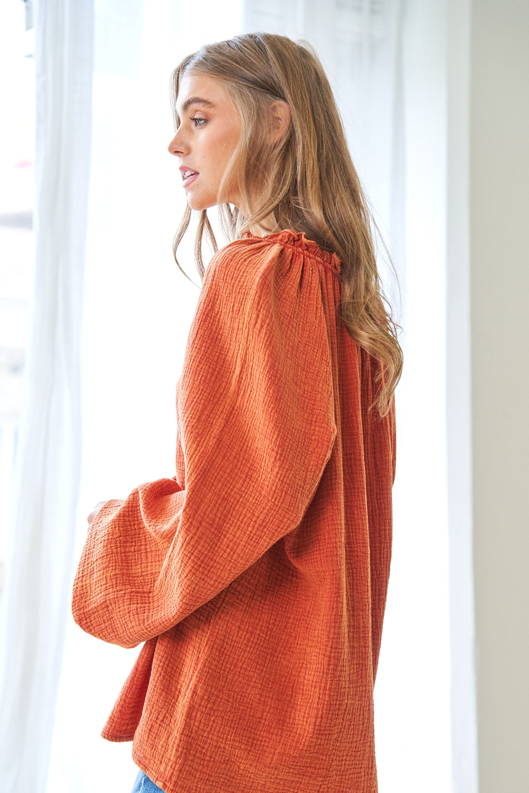 Elastic Opening Bell Bottom Balloon Sleeves Top