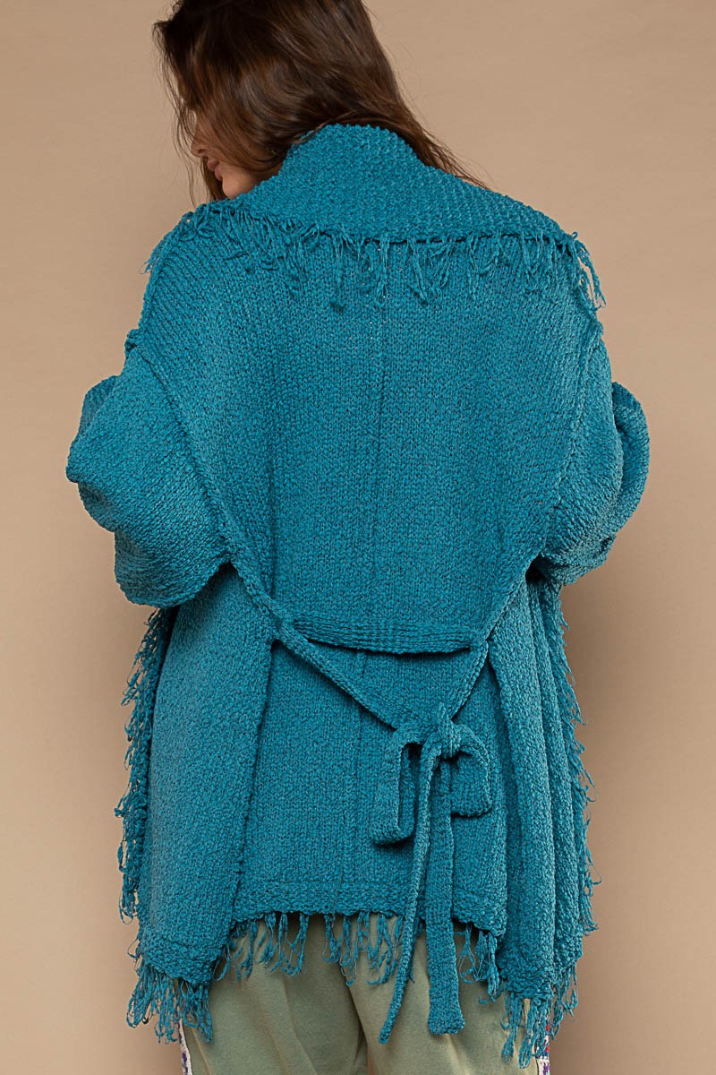 POL Open Front Shawl Collar Waist Tie Cardigan Sweater