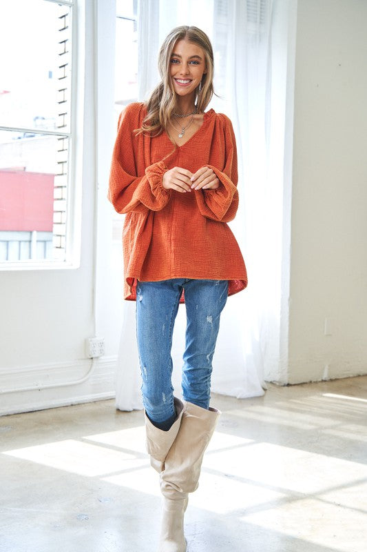 Elastic Opening Bell Bottom Balloon Sleeves Top