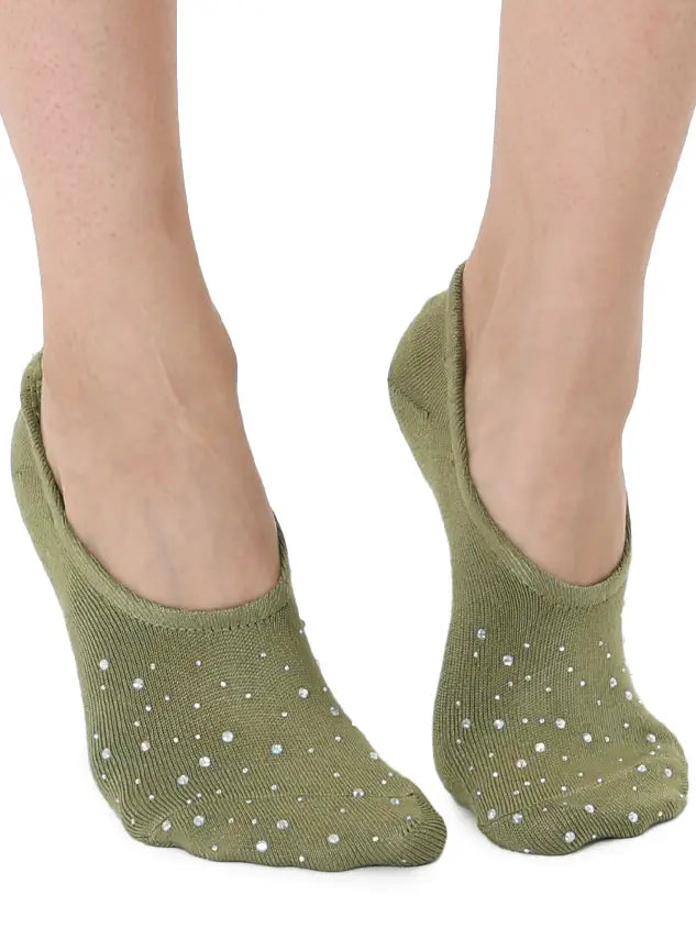 No-Show Liner Socks w/ Crystal Jewel Embellishments - Olive