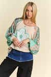 Davi & Dani Floral Patchwork Balloon Sleeve Knit Pullover Top - Curvy Size