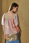 Davi & Dani Mixed Square Multi-stitch neck Puff Sleeve Top