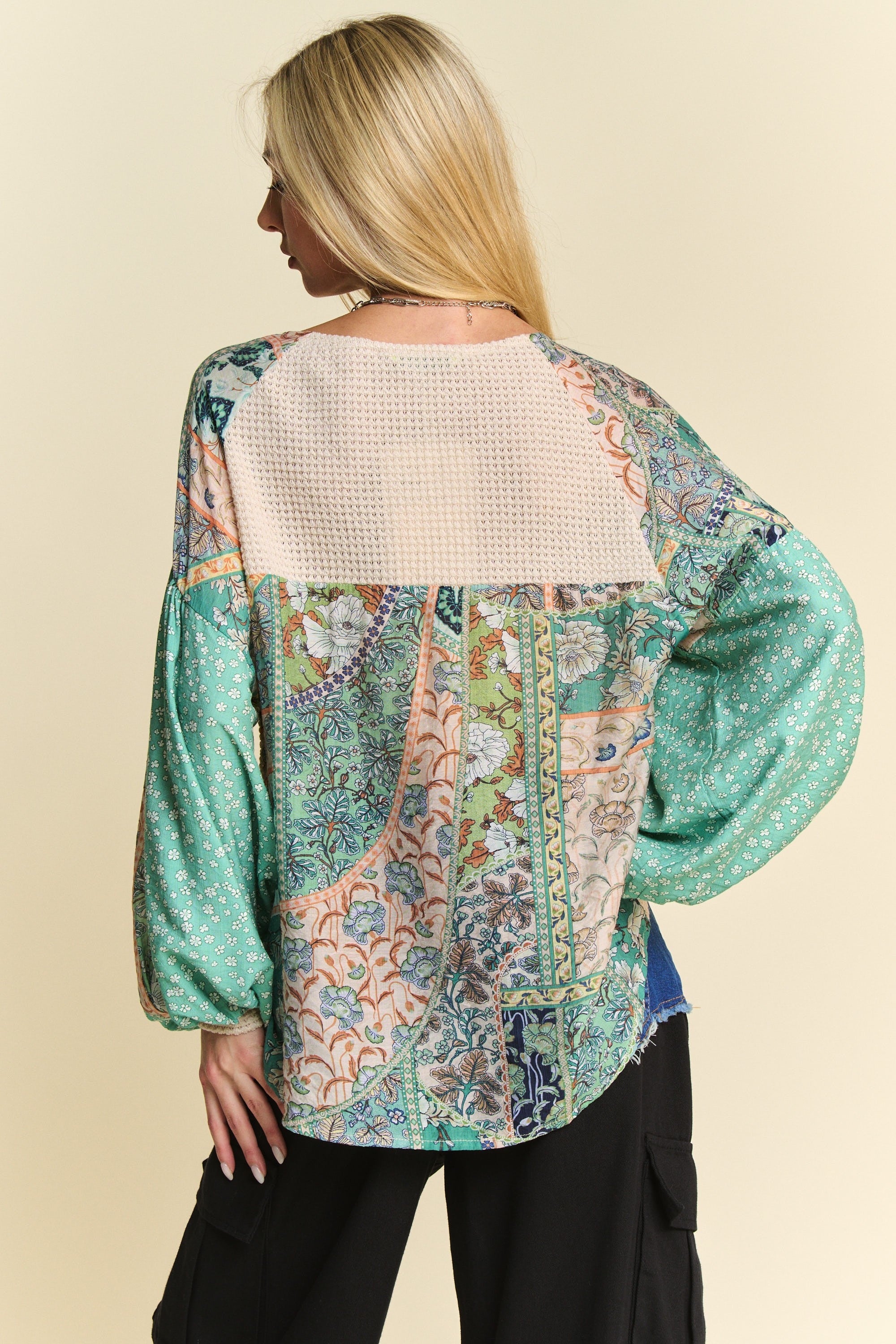 Davi & Dani Floral Patchwork Balloon Sleeve Knit Pullover Top - Curvy Size