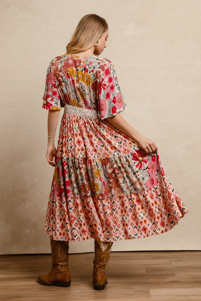 Floral Print Mix And Match Midi Dress With Waist E
