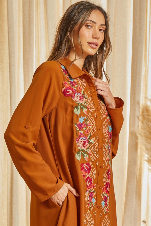 Button Down Print Maxi Shirt Dress with floral Embroidery on front