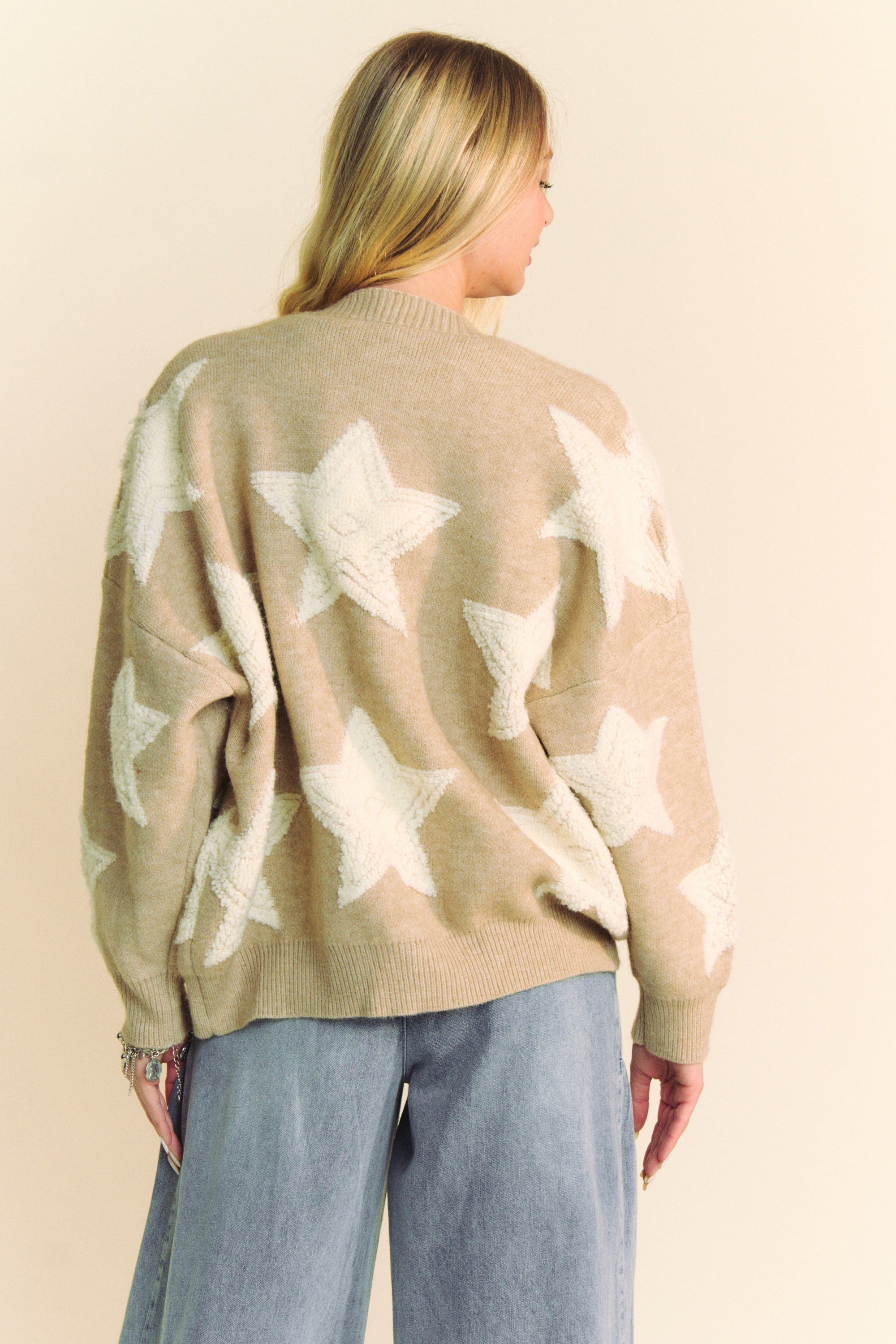 Davi & Dani Fuzzy Knit Star Loose Fit Button Down Cardigan