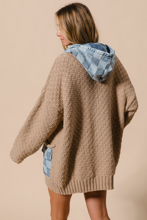 WASHED CHECKER DENIM ZIP UP SWEATER CARDIGAN