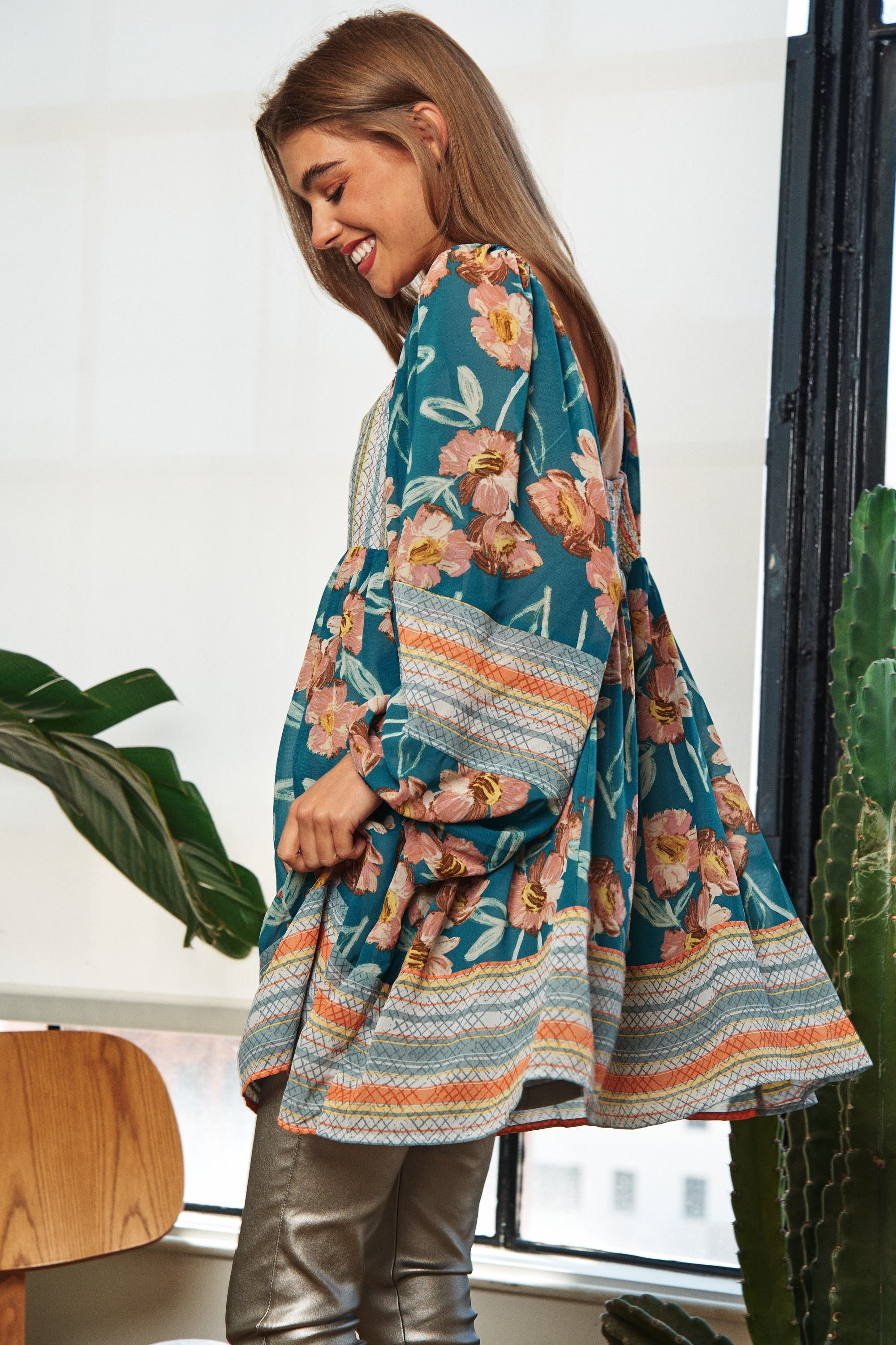 Floral Print Ruffle Detail Long Sleeve Mini Dress