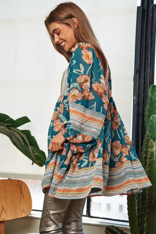 Floral Print Ruffle Detail Long Sleeve Mini Dress