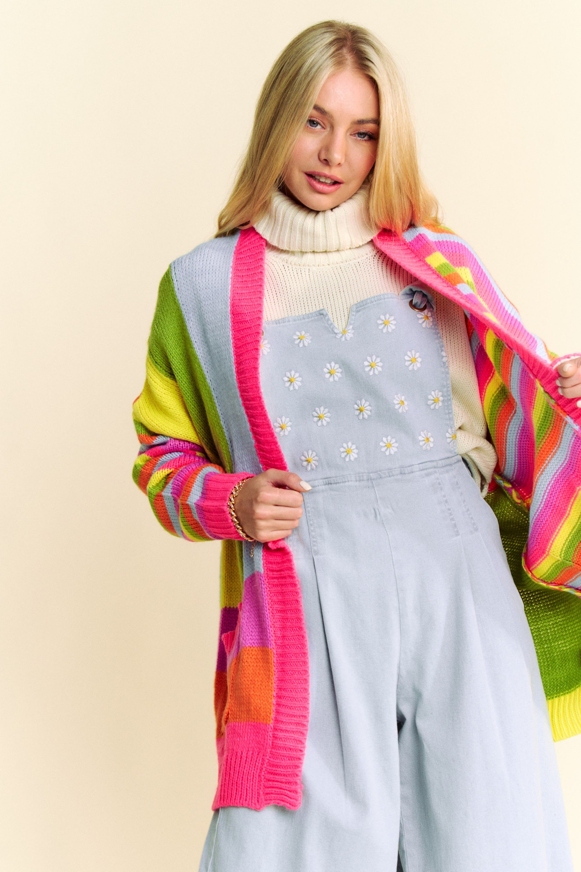 SALE Davi & Dani Multi Striped Pockets Loose Fit Open Cardigan