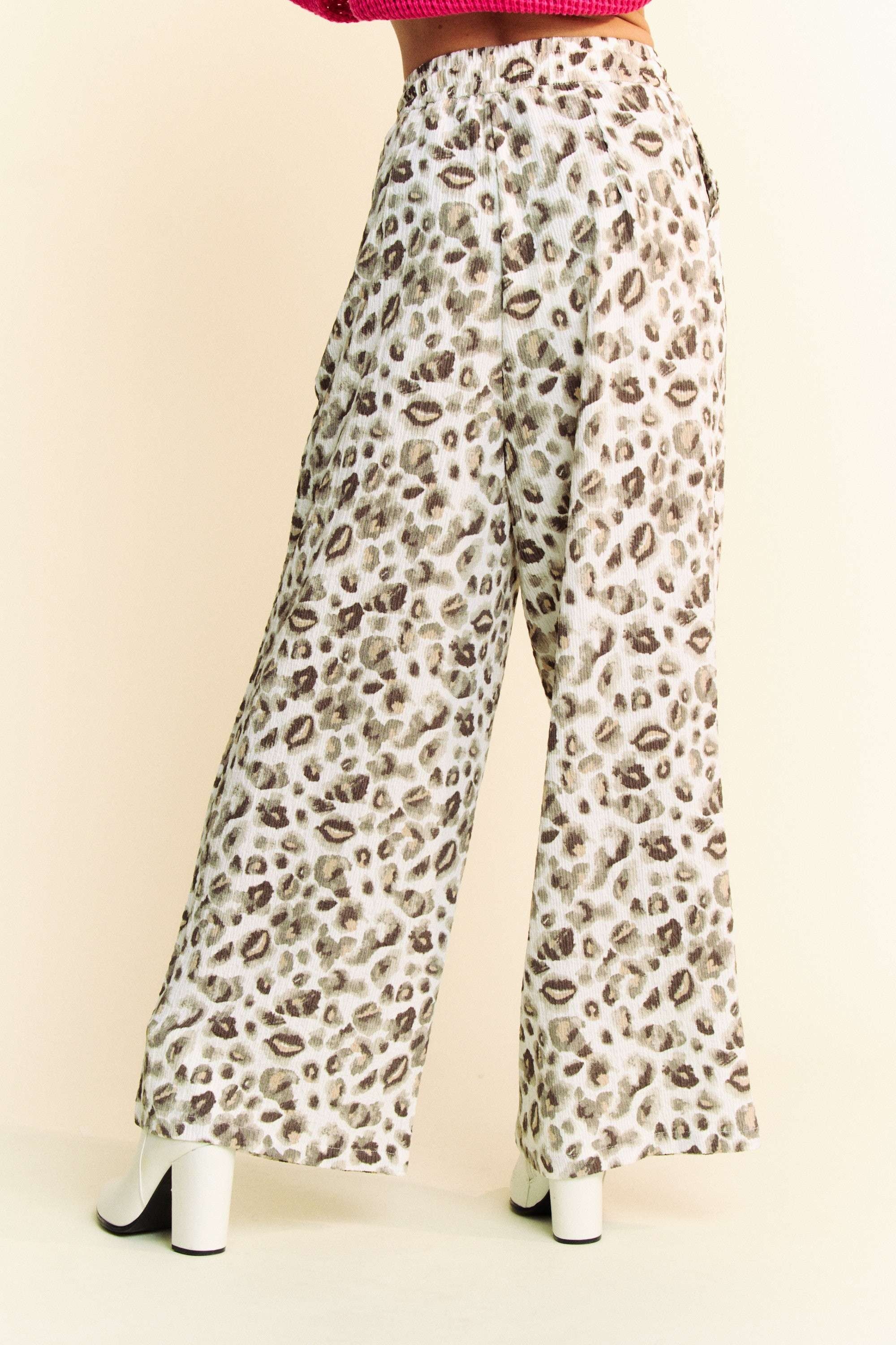 Leopard Drawstring Elastic Waist Wide Leg Pants