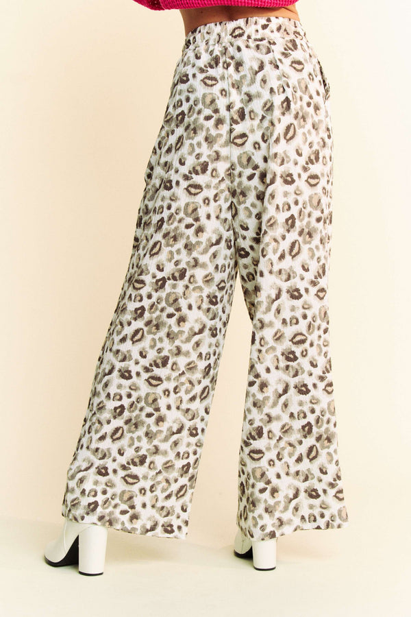 Leopard Drawstring Elastic Waist Wide Leg Pants