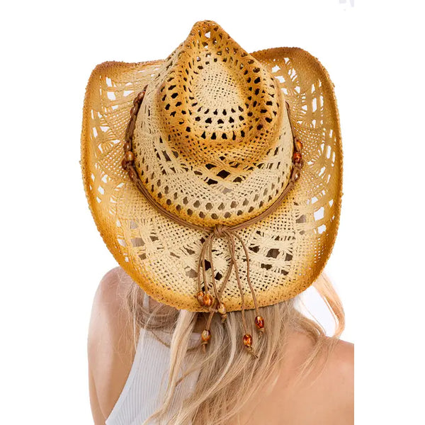 Lightly Beaded Vintage Burnt Crochet Straw Cowboy Hat