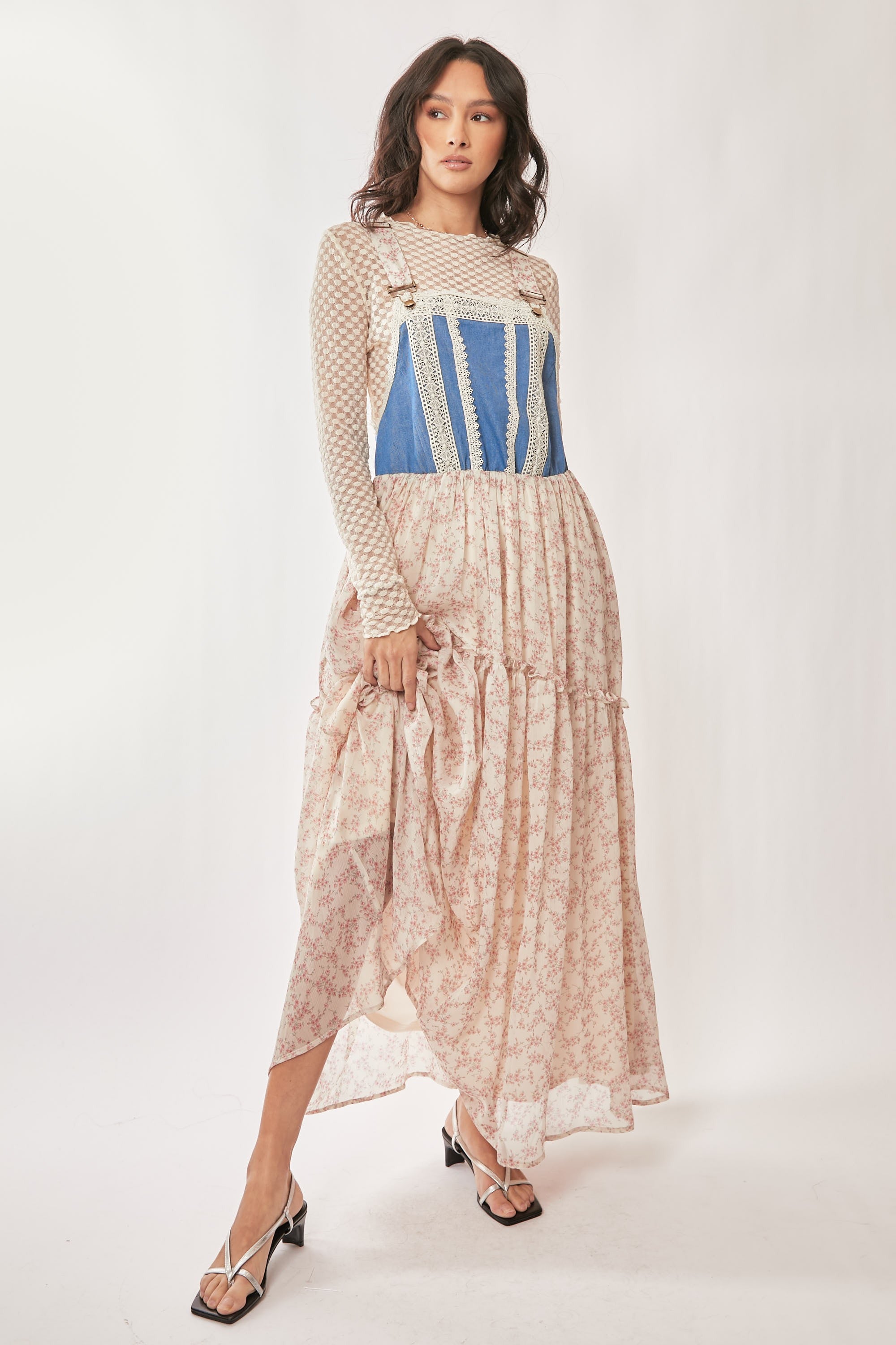 Davi & Dani Denim With Lace Skirt Overall Midi Dress