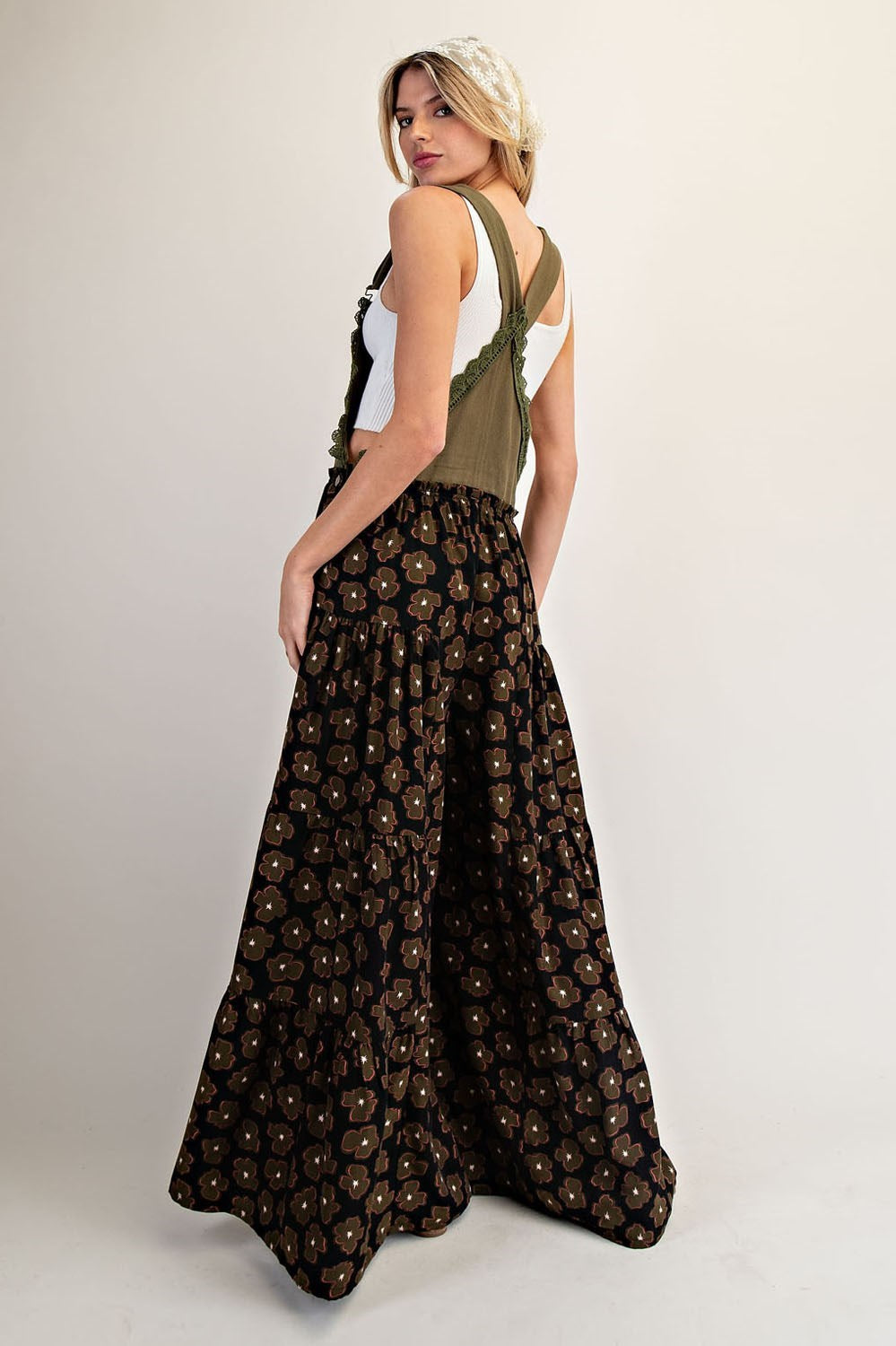 eesome Floral Print Scallop Lace Trim Sleeveless Jumpsuit