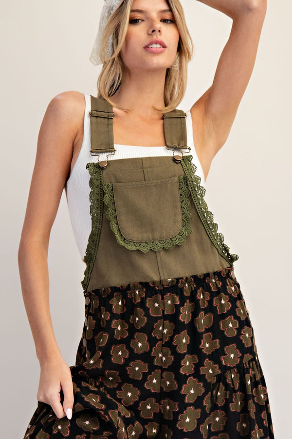 eesome Floral Print Scallop Lace Trim Sleeveless Jumpsuit