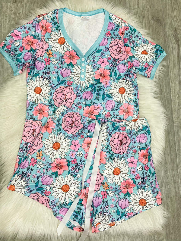 Short PJ Set - Aqua Restro Flora