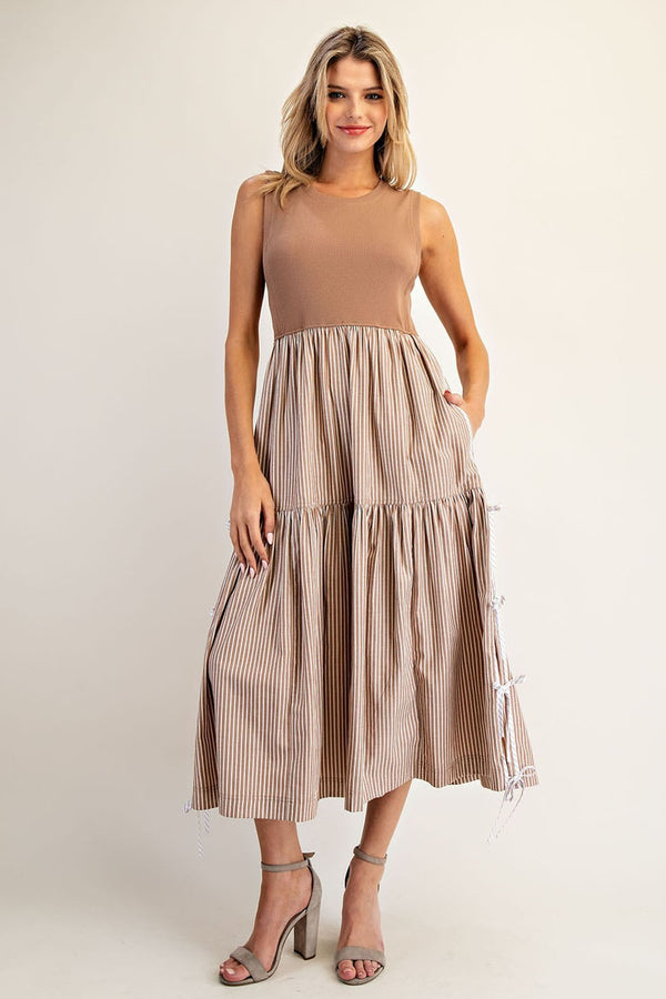 eesome Sleeveless Striped Side Bow Midi Dress