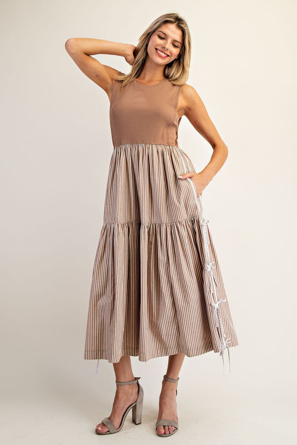 eesome Sleeveless Striped Side Bow Midi Dress