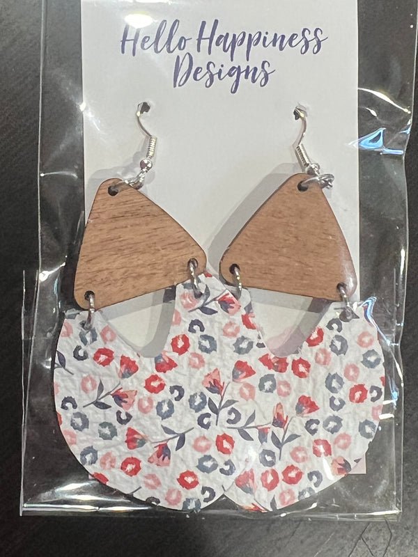 Micro Floral & Leather Wood Drop Dangle Earrings