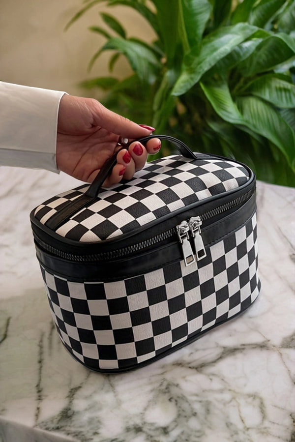 Checkered Zipper Large Cosmetic Bag with Handle