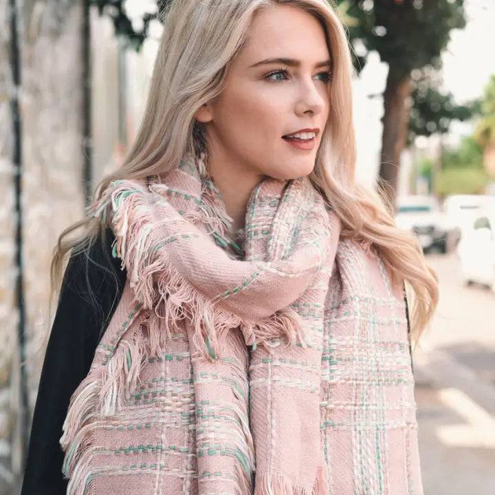 Pink Chunky Multi Colored Plaid Stitch Scarf