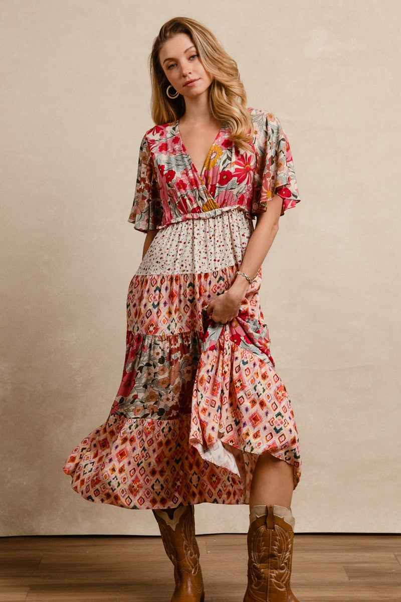 Floral Print Mix And Match Midi Dress With Waist E