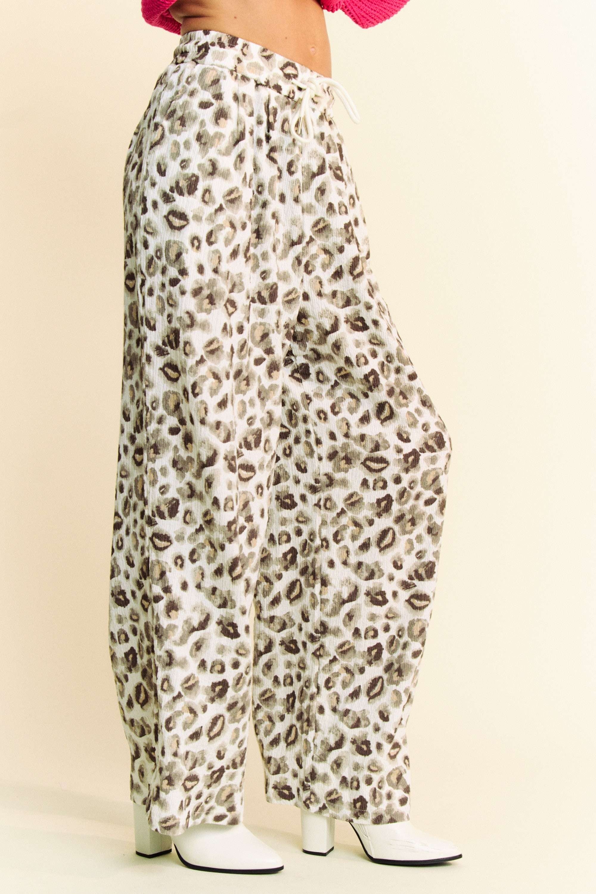 Leopard Drawstring Elastic Waist Wide Leg Pants