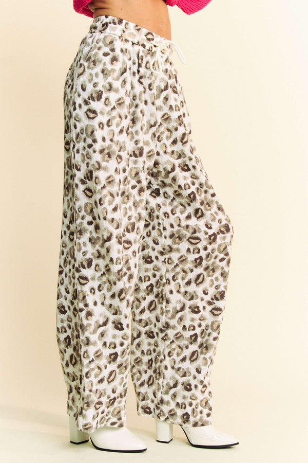 Leopard Drawstring Elastic Waist Wide Leg Pants