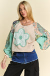 Davi & Dani Floral Patchwork Balloon Sleeve Knit Pullover Top - Curvy Size