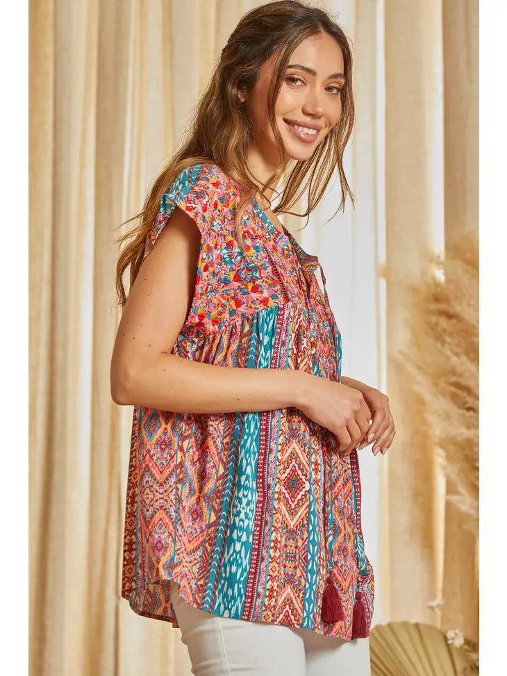 Tassel Detail Print Embroidery Top - Curvy Top