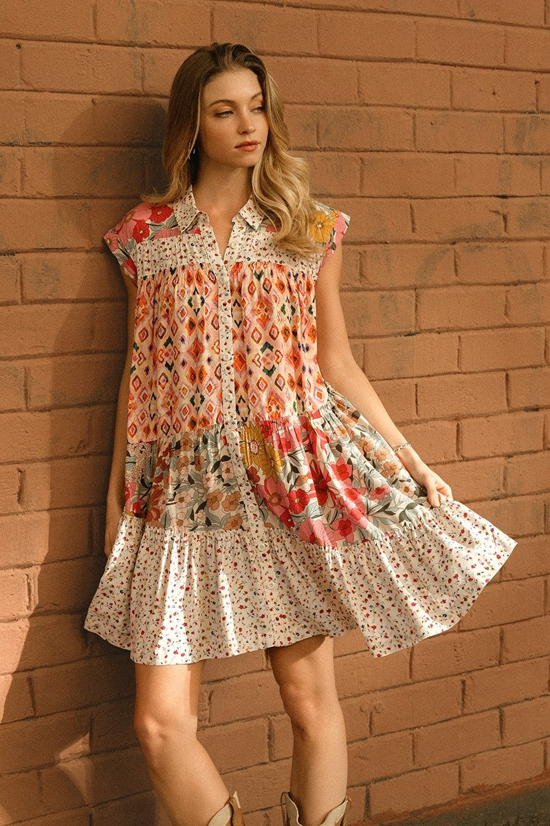 BIBI Print Mix And Match Tiered Dress With Button Down
